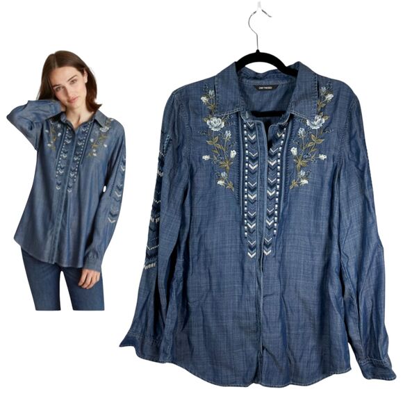Driftwood Embroidered Button Chambray Denim Lana Shirt Ocean Dusk Size Medium - Picture 1 of 11